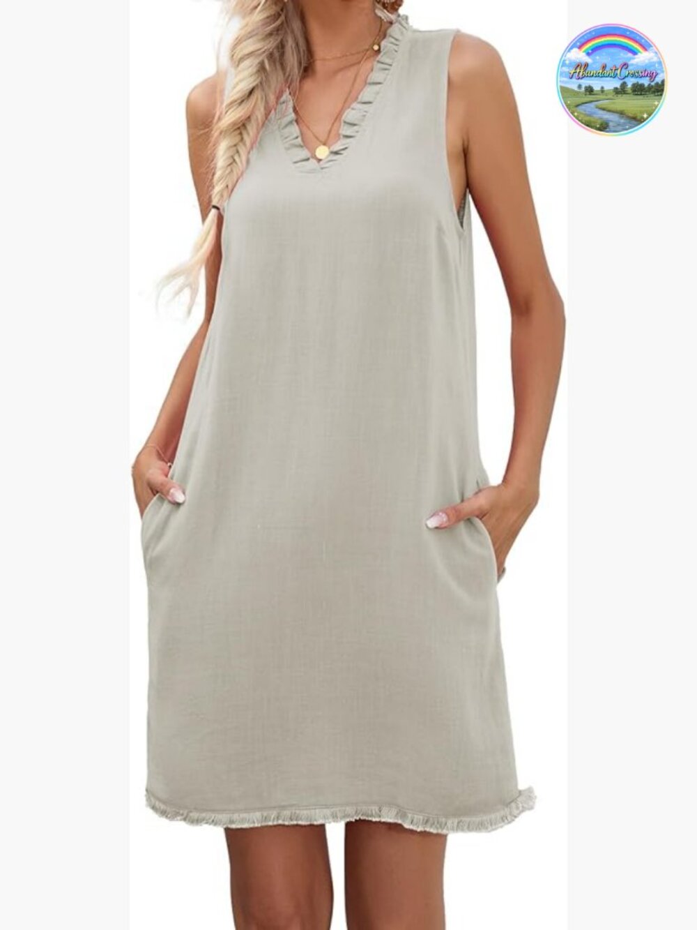 Women Cute Sleeveless Ruffled Deep V Neck Cotton Linen Shift Dress with Pockets